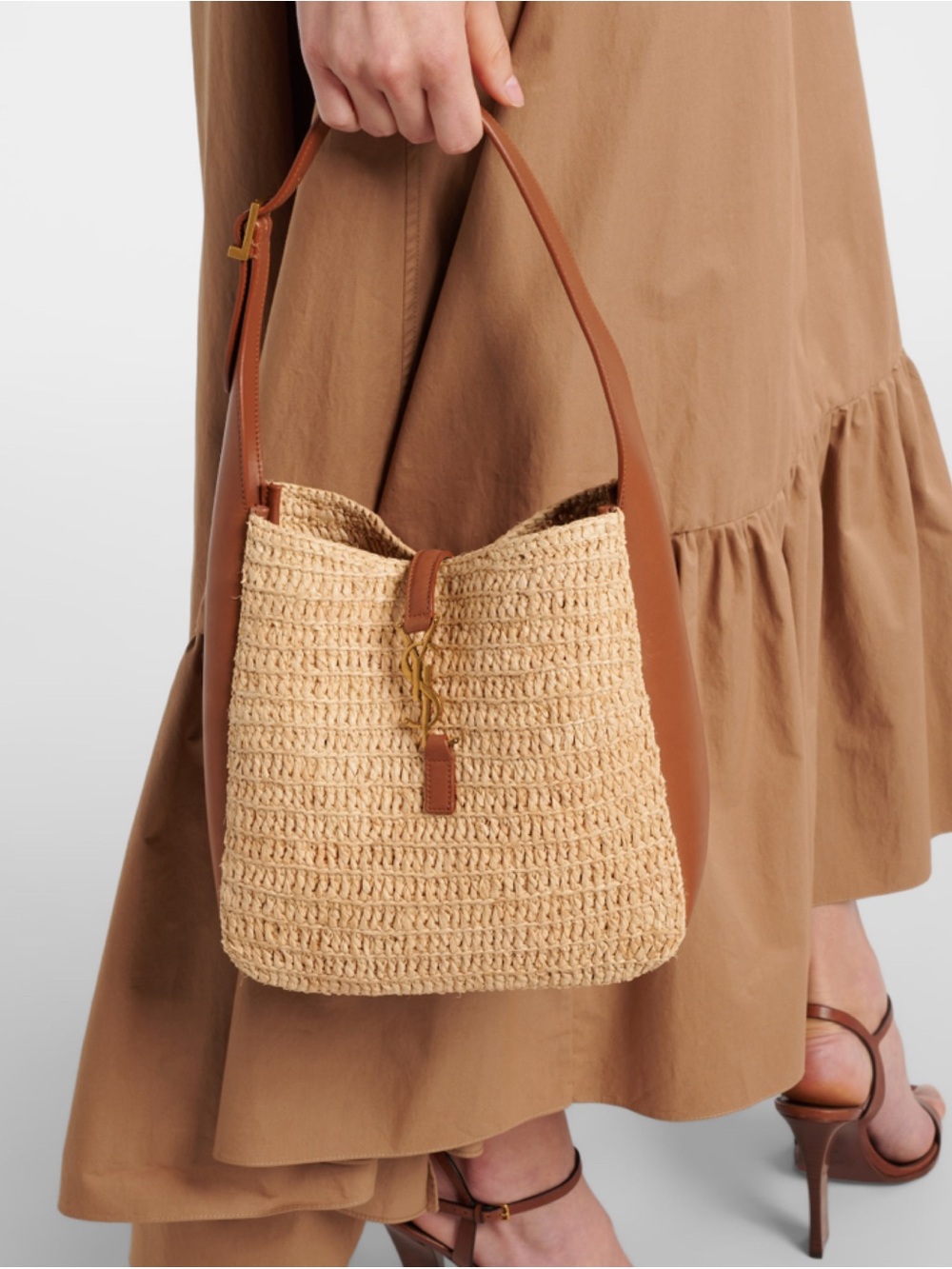SAINT LAURENT Le 5 A 7 small leather and raffia hobo shoulder bag - Picture 3 of 9